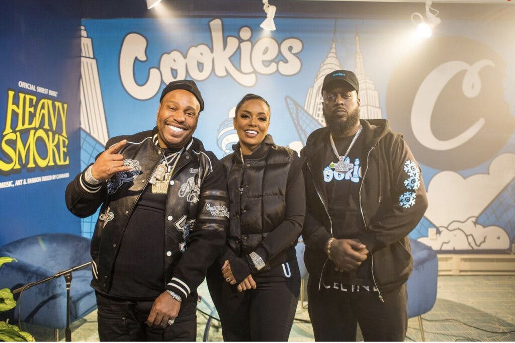 The GUMBOs, Luka Brazi and Alexis Major, pose with Shiest Bubz after recording an interview on his Heavy Smoke podcast in New York’s Cookies store. (Instagram)